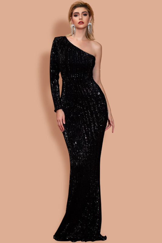 On Sale: One Shoulder Long Sleeve Sequins Prom Dress Mermaid Long Evening Gowns-BallBride