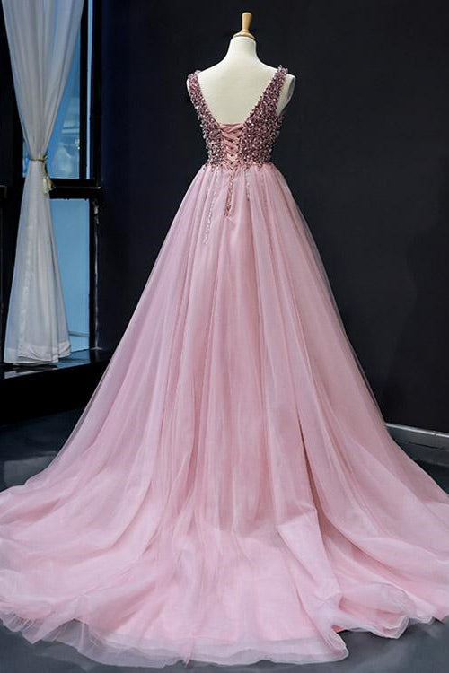 On Sale: Pink V-Neck Mermaid Sleeveless Prom Dress With Beadings-BallBride