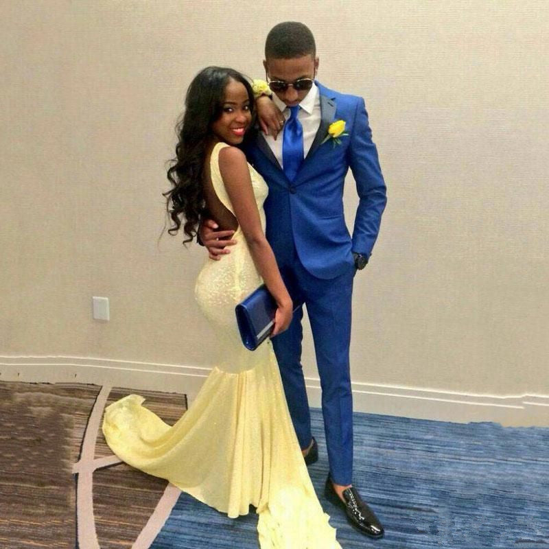 One Button Best Suits for Prom ¨C Black Lapel Royal Blue Groom-BallBride
