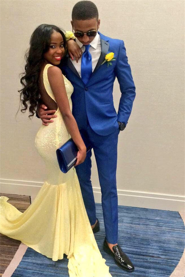 One Button Best Suits for Prom ¨C Black Lapel Royal Blue Groom-BallBride