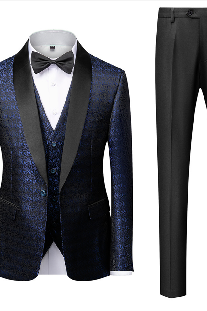 One-Button Dark Navy Blue Floral Jacquard Wedding Suit for Gentlemen-BallBride