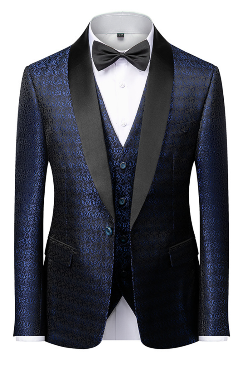 One-Button Dark Navy Blue Floral Jacquard Wedding Suit for Gentlemen-BallBride