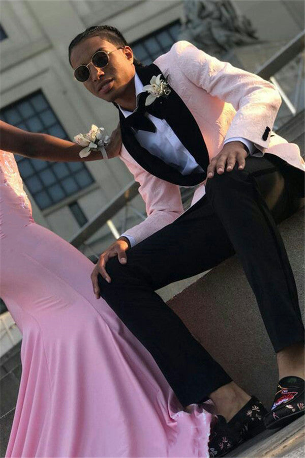 One Button Prom Suit Fashion Pink Shawl Lapel With Jacquard Online-BallBride