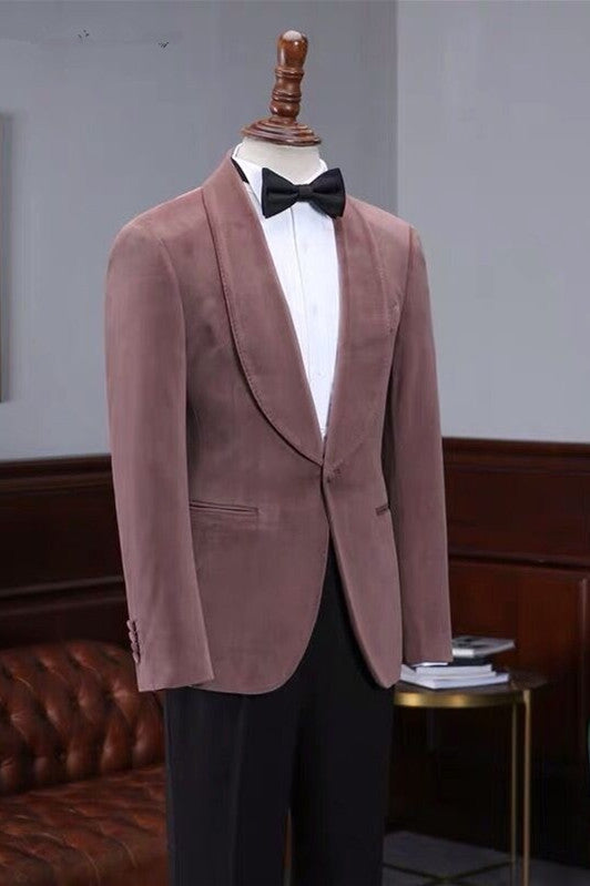 One Button Wedding Suit in Classic Pink Velvet Shawl Lapel for Men-BallBride