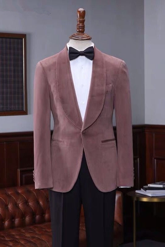One Button Wedding Suit in Classic Pink Velvet Shawl Lapel for Men-BallBride
