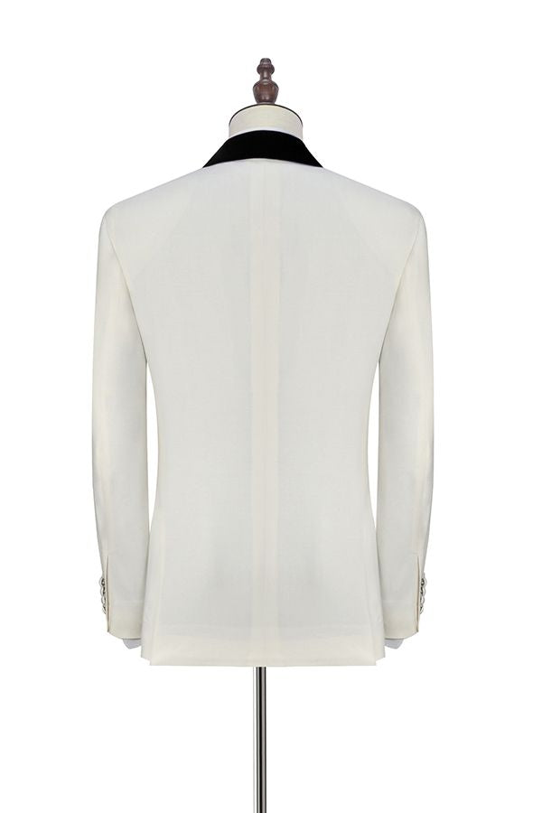One Button White Wedding Tuxedos for Men with Black Knife Collar Classic Look-BallBride