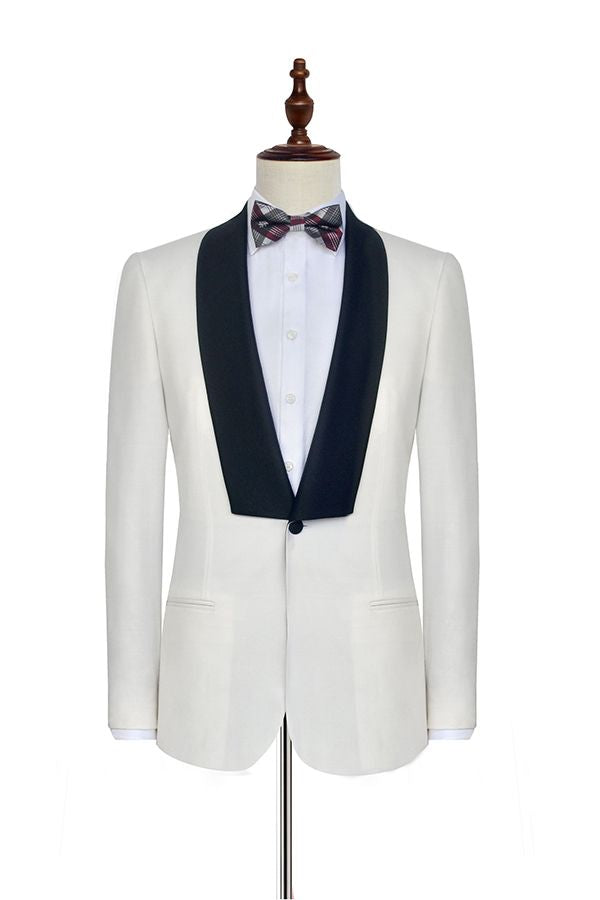 One Button White Wedding Tuxedos for Men with Black Knife Collar Classic Look-BallBride