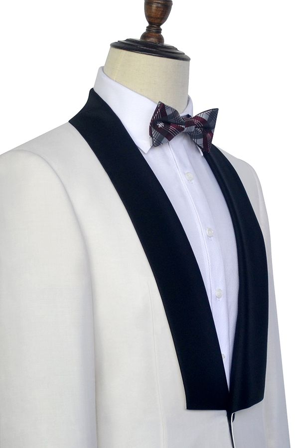 One Button White Wedding Tuxedos for Men with Black Knife Collar Classic Look-BallBride
