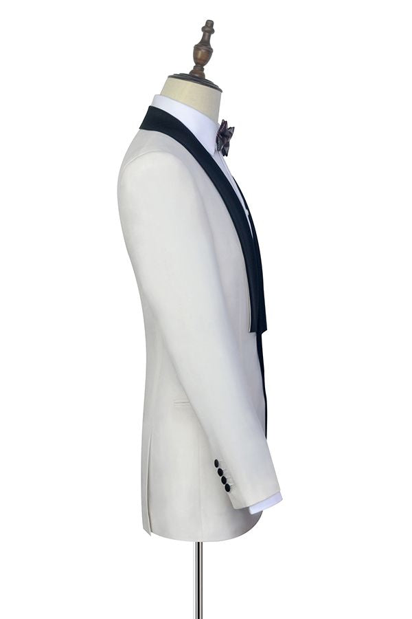 One Button White Wedding Tuxedos for Men with Black Knife Collar Classic Look-BallBride