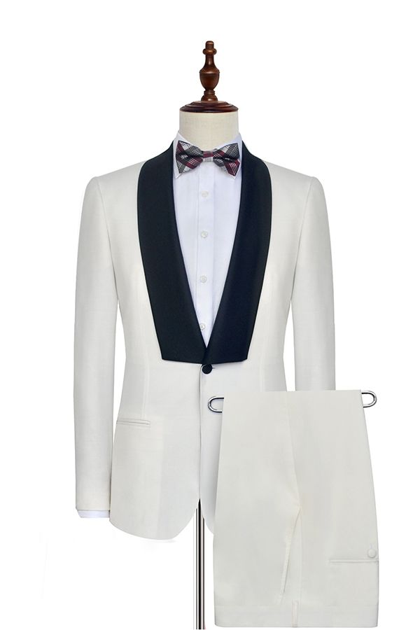 One Button White Wedding Tuxedos for Men with Black Knife Collar Classic Look-BallBride
