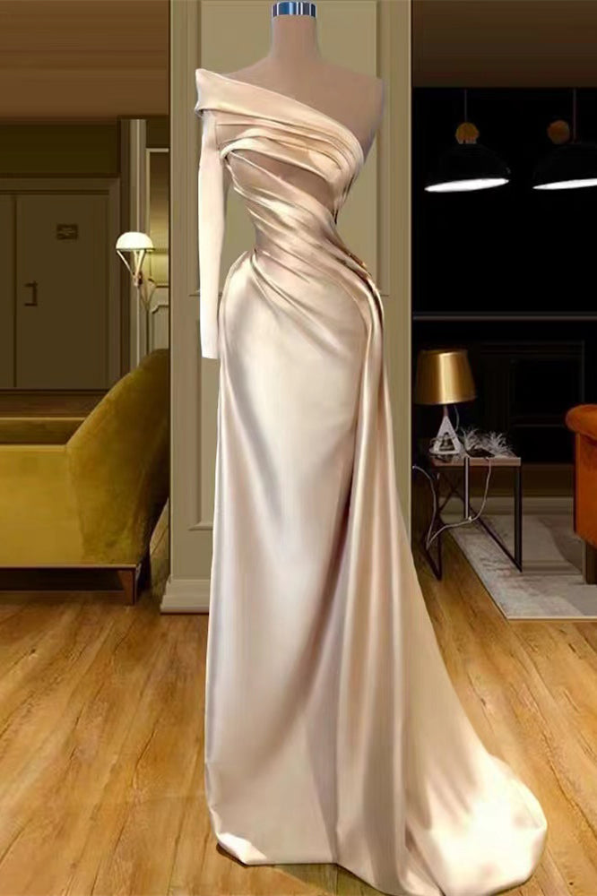 One Mermaid Long Sleeves Champagne Prom Dress-BallBride