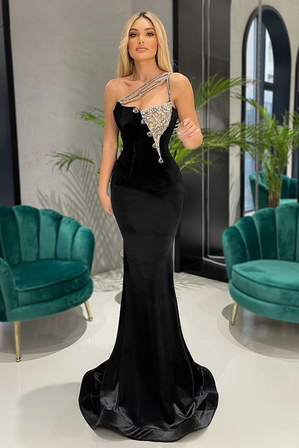 One-Shoulder Black Long Mermaid Prom Dress with Rhinestones-BallBride