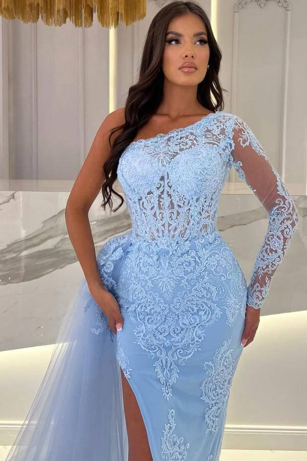 One Shoulder Long Sleeve Lace Split Mermaid Prom Dress with Tulle Train-BallBride