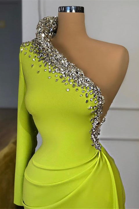One-Shoulder Prom Dress with Green Beadings and Long Sleeves-BallBride