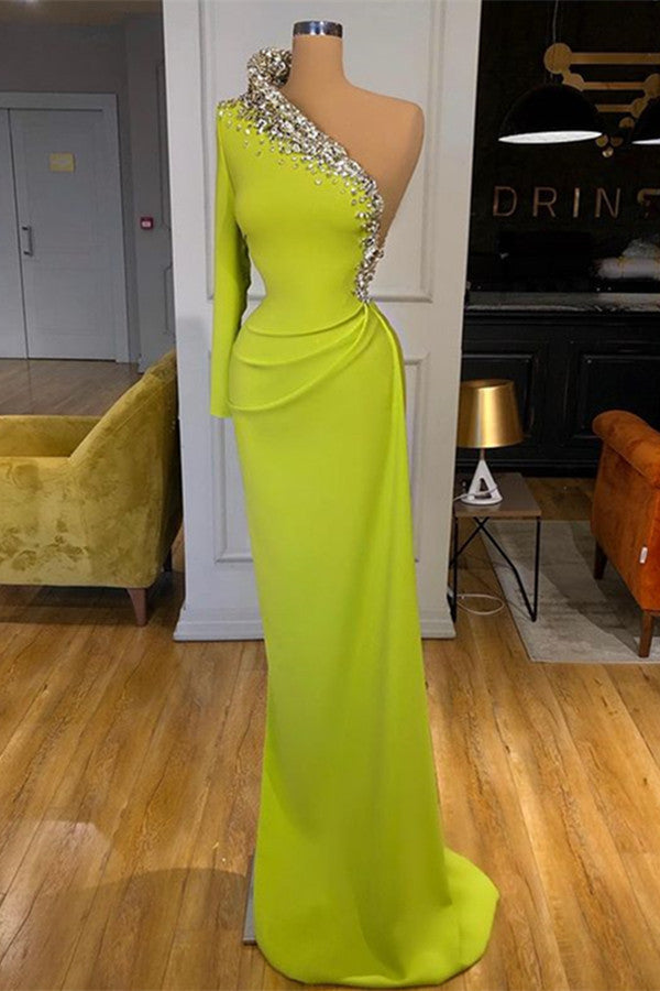 One-Shoulder Prom Dress with Green Beadings and Long Sleeves-BallBride