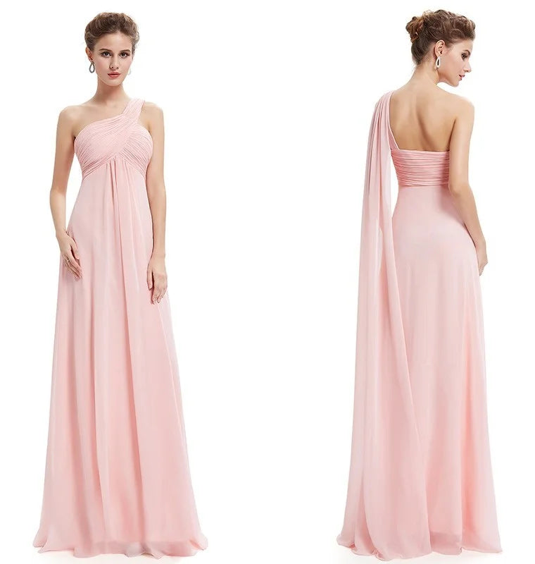 One Shoulder Ruffles Chiffon Long Evening Gowns-BallBride
