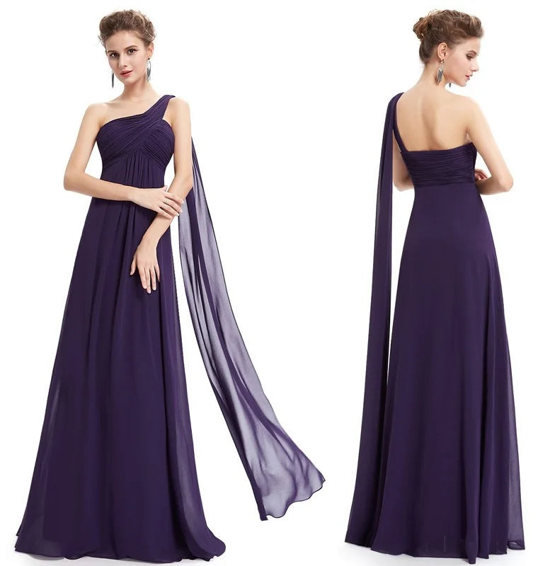 One Shoulder Ruffles Chiffon Long Evening Gowns-BallBride
