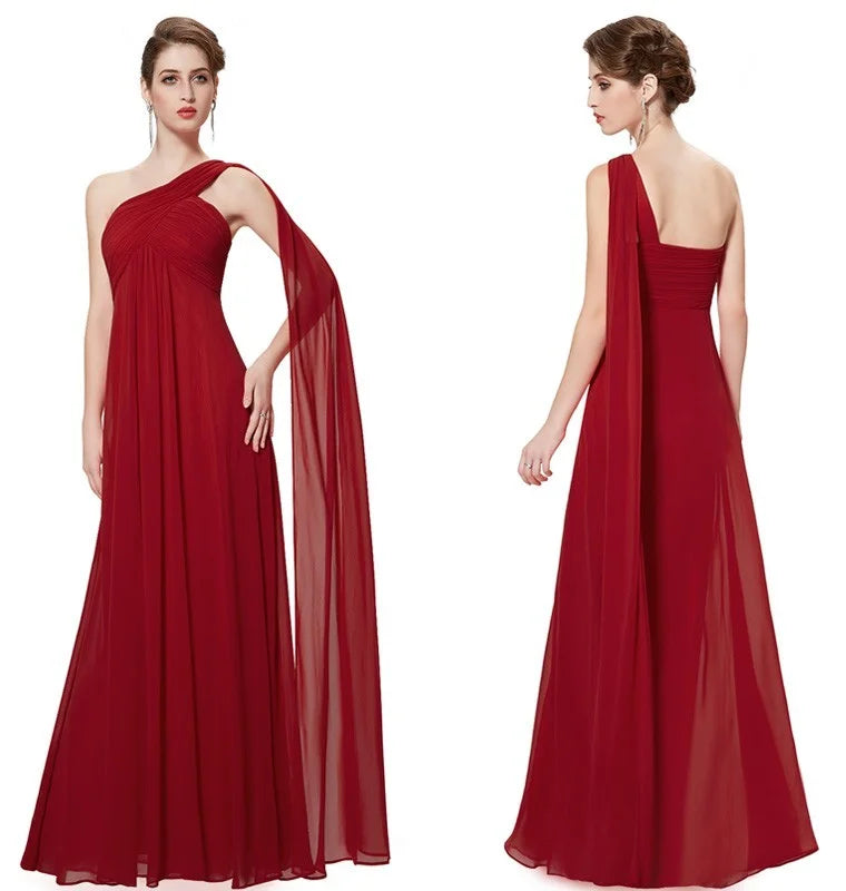 One Shoulder Ruffles Chiffon Long Evening Gowns-BallBride