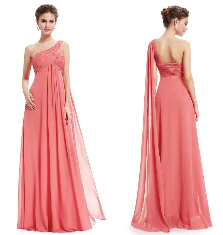 One Shoulder Ruffles Chiffon Long Evening Gowns-BallBride