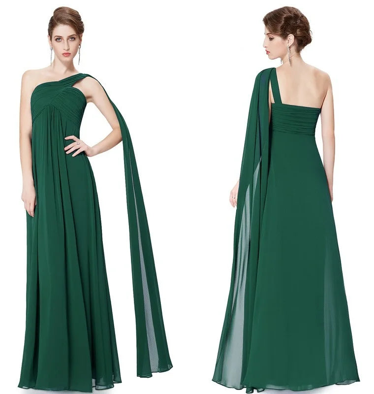 One Shoulder Ruffles Chiffon Long Evening Gowns-BallBride