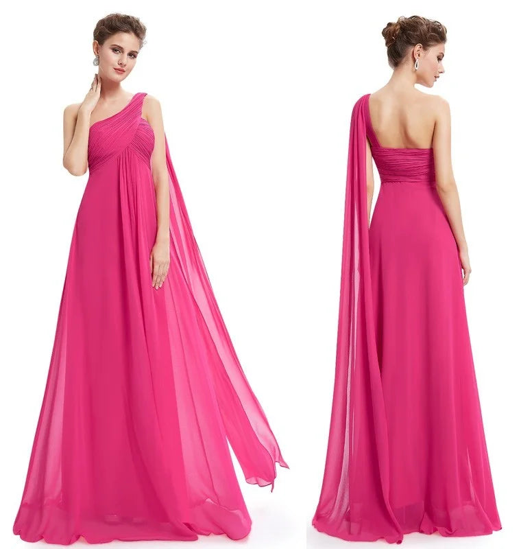 One Shoulder Ruffles Chiffon Long Evening Gowns-BallBride