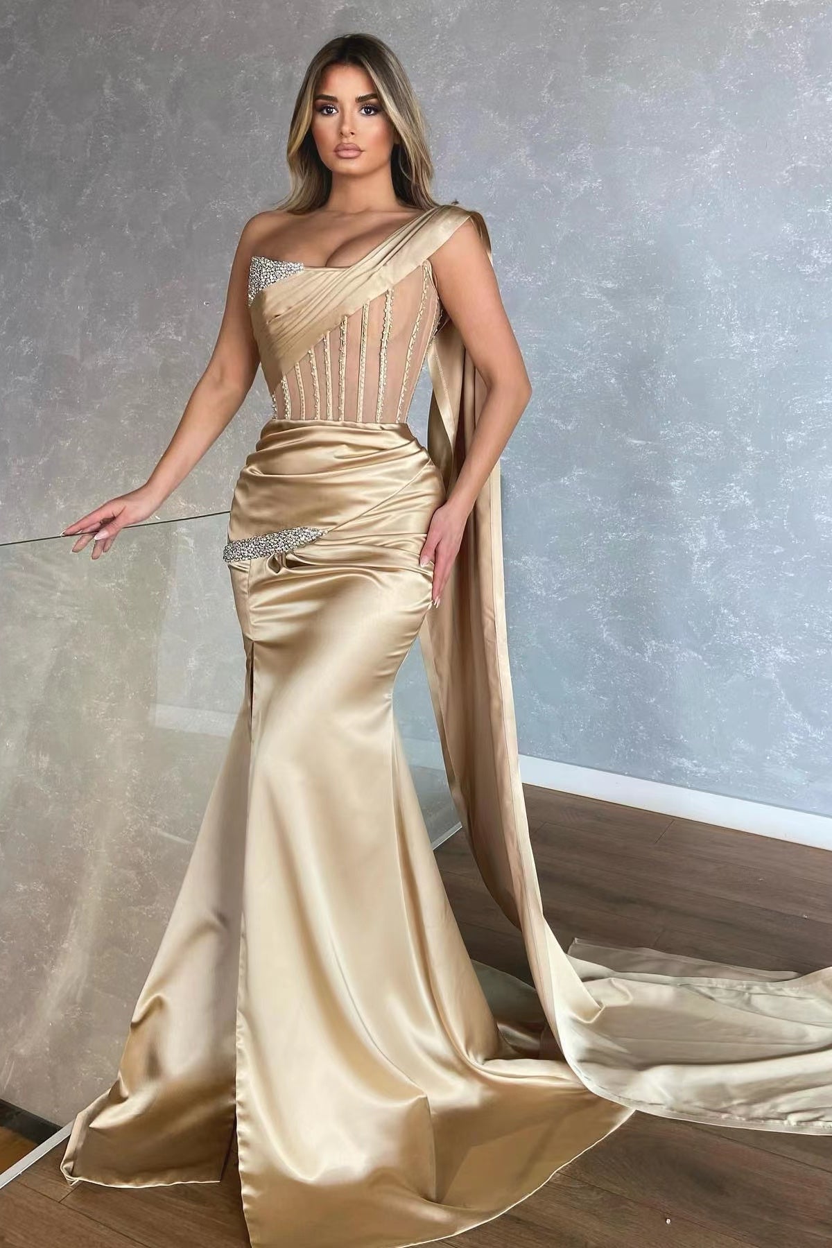 One Shoulder Sleeveless Mermaid Prom Dress with Slit Ruffles - Champagne-BallBride