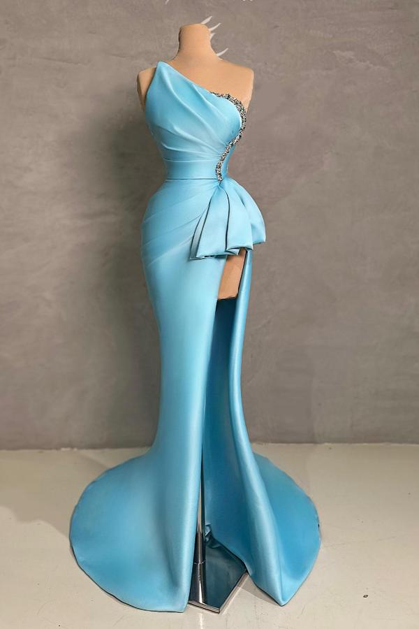 One Shoulder Split Front Blue Ruched Satin Mermaid Prom Dress with Beads-BallBride