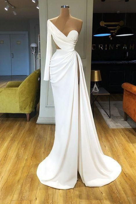 One Shoulder White Sweetheart Prom Dress With Long Sleeve and Split-BallBride