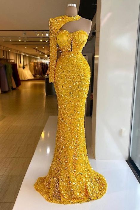 One Shoulder Yellow Halter Long Sleeve Mermaid Prom Dress with Sequins-BallBride