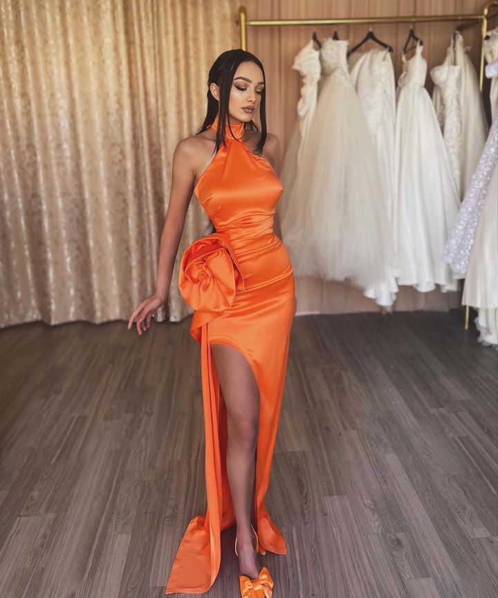 Orange Flower Halter Split Prom Dress-BallBride