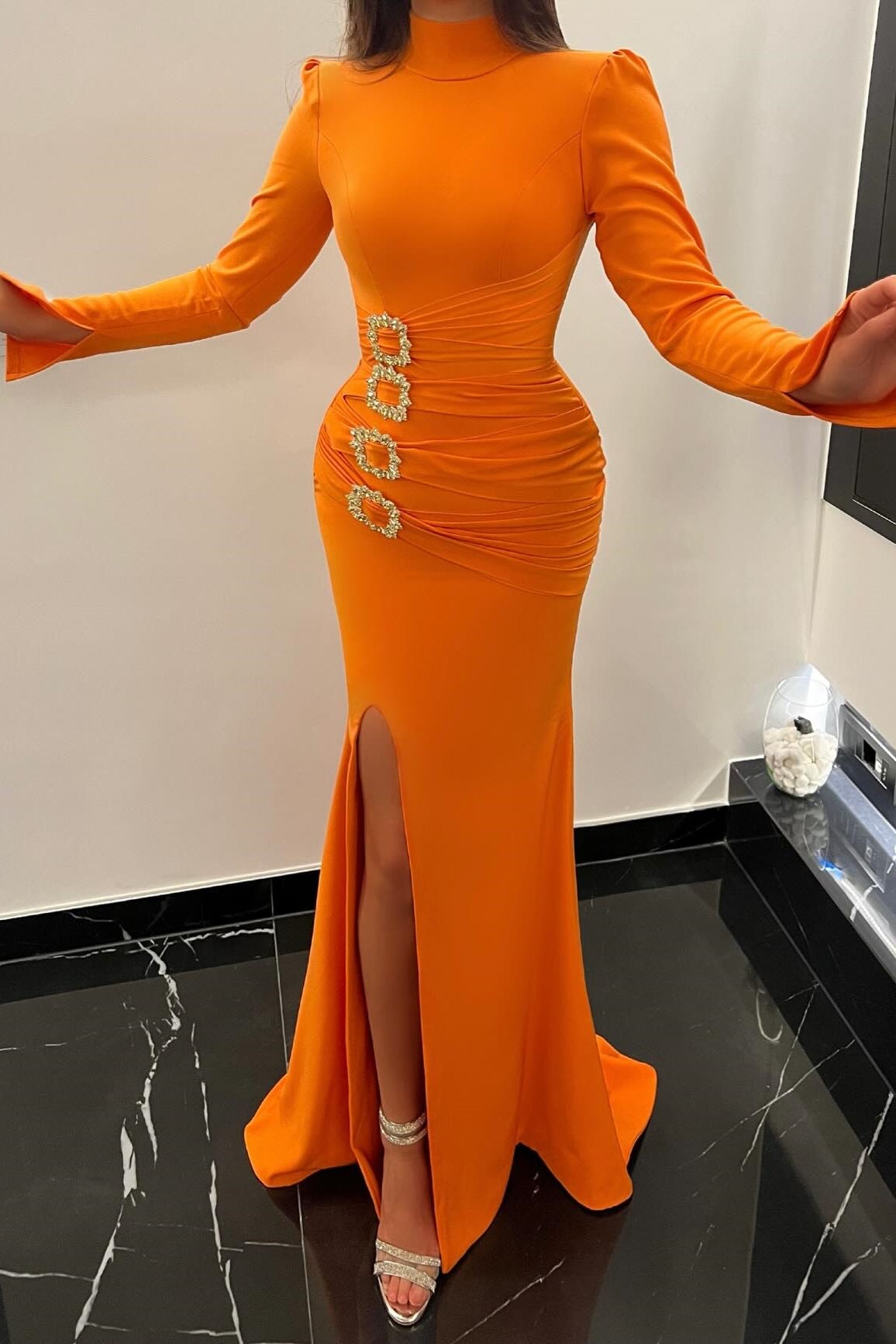 Orange High Neck Long Sleeve Mermaid Prom Dress with Slit-BallBride