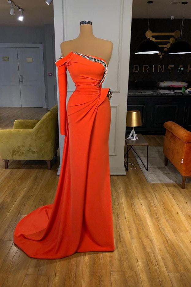 Orange One-Shoulder Long Sleeve Crystal Prom Dress-BallBride