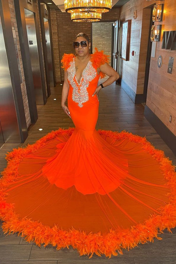 Orange Sleeveless V-Neck Mermaid Prom Dress with Feather-BallBride
