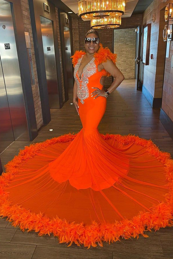 Orange Sleeveless V-Neck Mermaid Prom Dress with Feather-BallBride