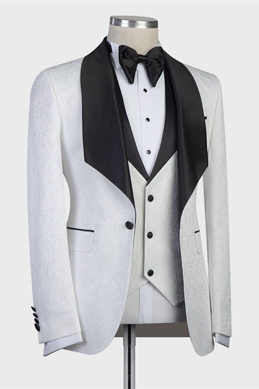 Paxton White Jacaquard Wedding Suits with Black Shawl Lapel-BallBride