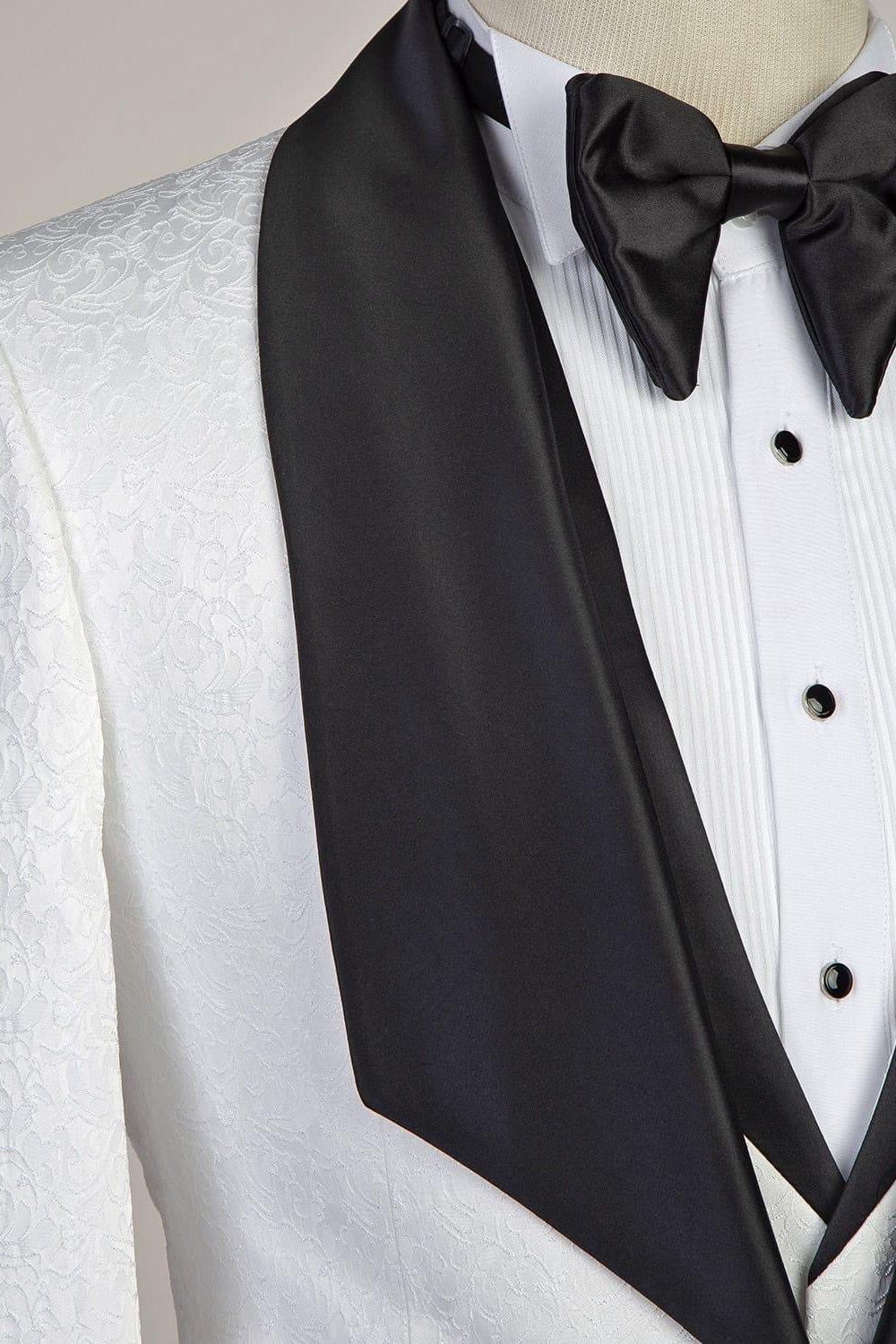 Paxton White Jacaquard Wedding Suits with Black Shawl Lapel-BallBride