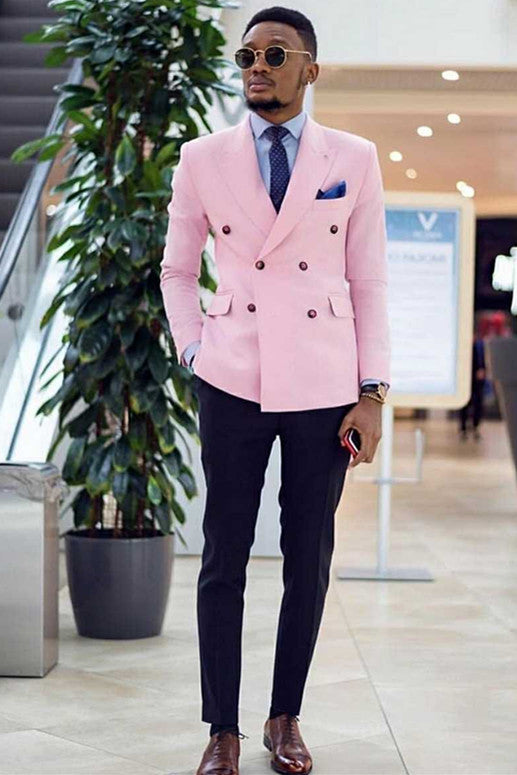 Peaked Lapel Pink Double Breasted Mens Wedding Suits-BallBride