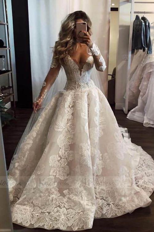 Pearl A-Line Long Wedding Dress with Appliques Lace and Sexy Deep V-neck Sleeves-BallBride