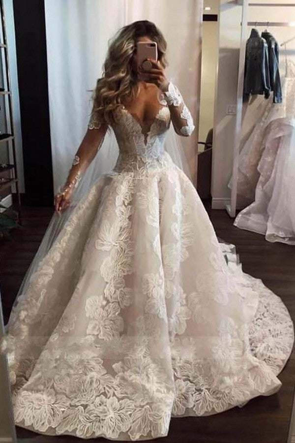 Pearl A-Line Long Wedding Dress with Appliques Lace and Sexy Deep V-neck Sleeves-BallBride
