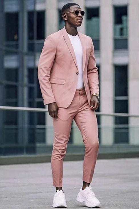 Pink 2 Piece Prince Suit With Notched Lapel & Flap Pockets For Groom-BallBride