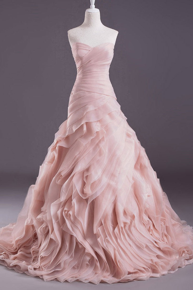 Pink A-Line Strapless Sweetheart Neck Tiered Sweep Wedding Gown-Ballbride