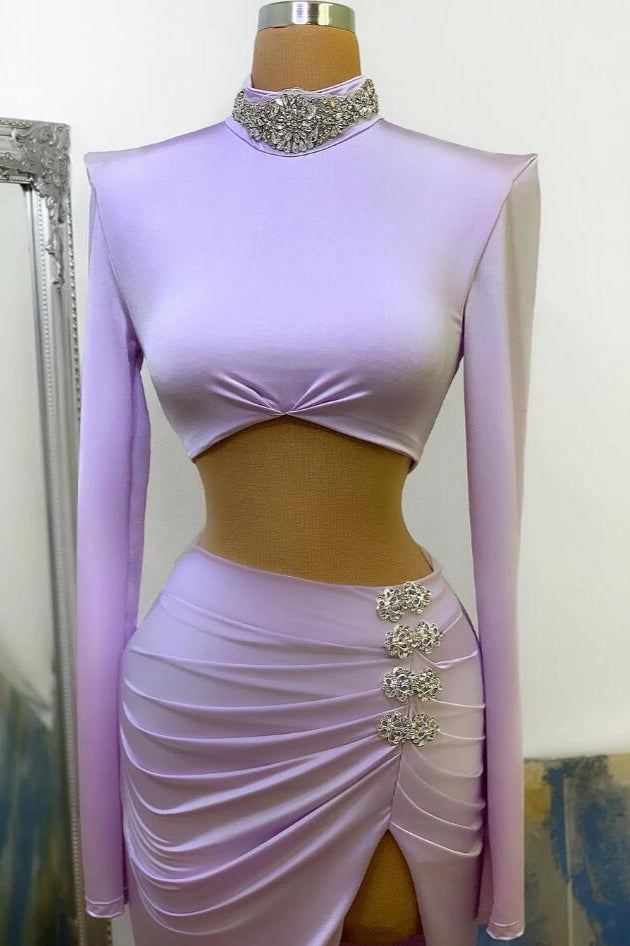 Pink High Neck Long Sleeves Side Slit Ruffles Crystal Prom Dress-BallBride