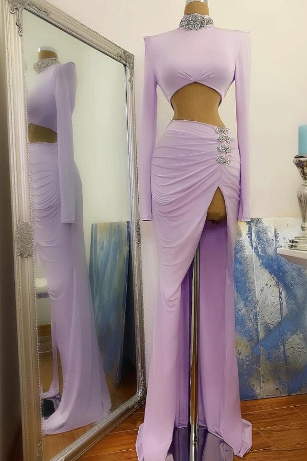 Pink High Neck Long Sleeves Side Slit Ruffles Crystal Prom Dress-BallBride