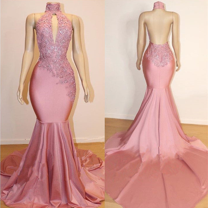 Pink High Neck Mermaid Backless Appliques Prom Dress with Keyhole-BallBride