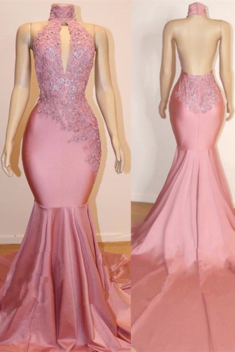 Pink High Neck Mermaid Backless Appliques Prom Dress with Keyhole-BallBride