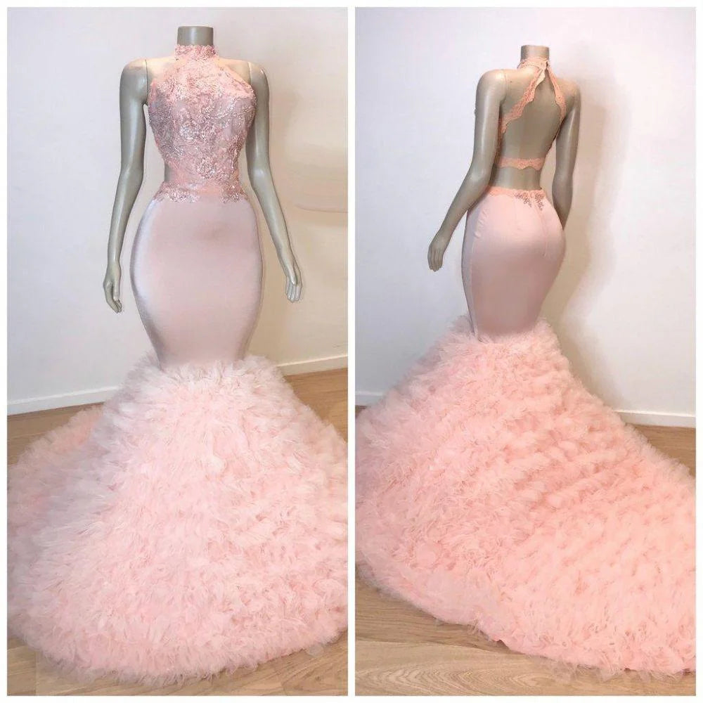 Pink High Neck Mermaid Prom Dress Lace Appliques Tulle Evening Gowns-BallBride