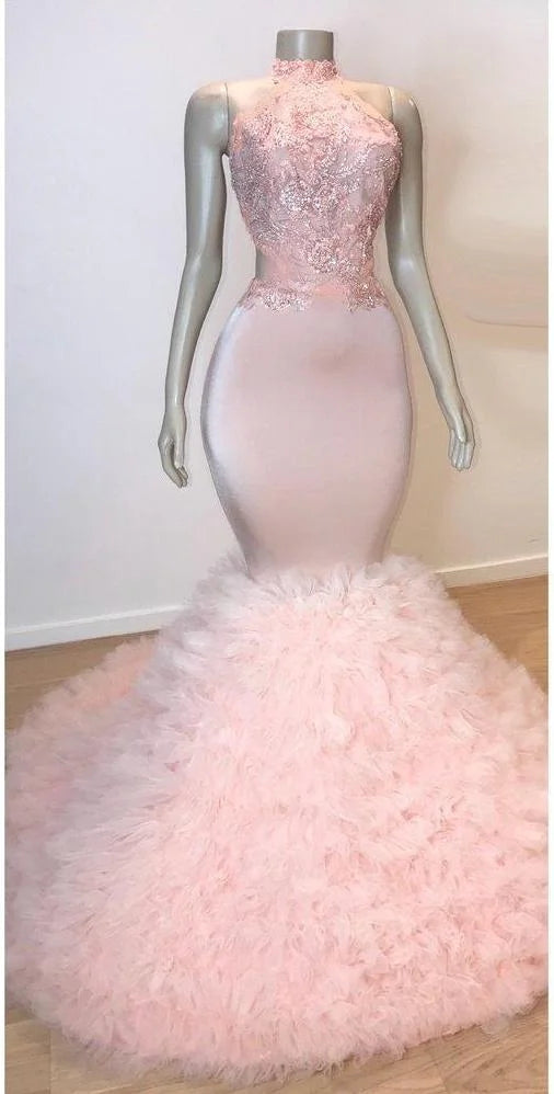 Pink High Neck Mermaid Prom Dress Lace Appliques Tulle Evening Gowns-BallBride