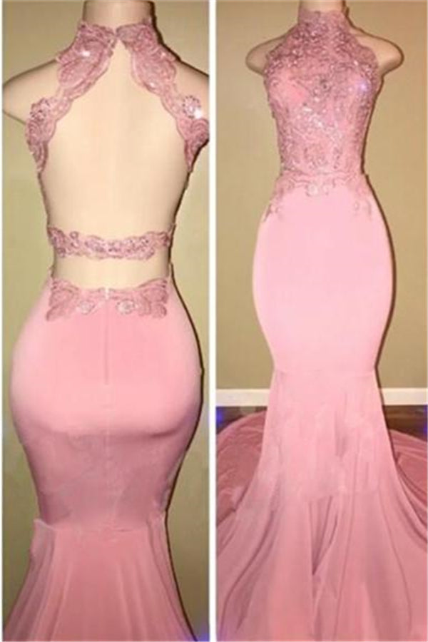 Pink High Neck Open Back Sleeveless Appliques Prom Dresses-BallBride