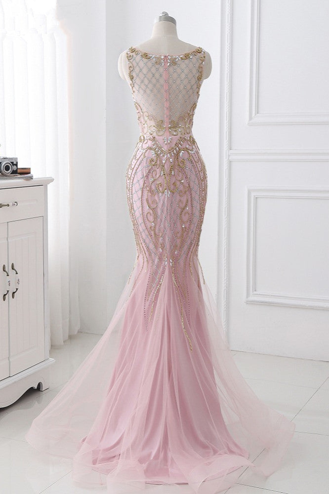 Pink Jewel Sleeveless Prom Dress Mermaid with Beadings and Rhinestone-BallBride