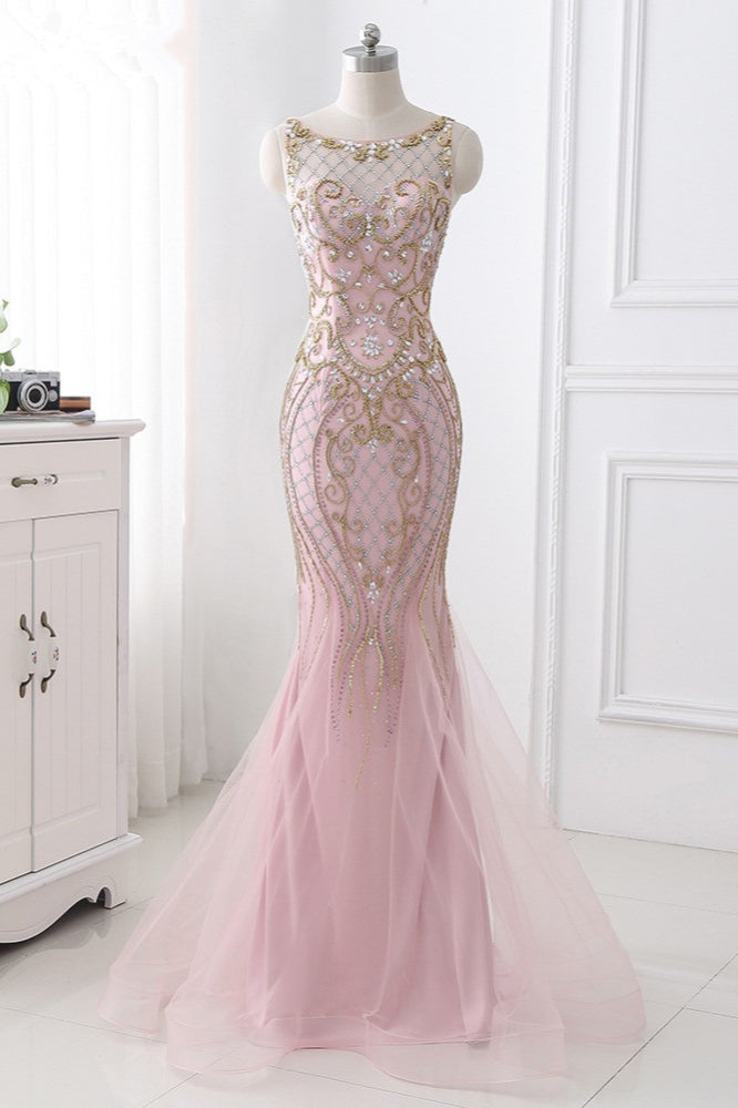 Pink Jewel Sleeveless Prom Dress Mermaid with Beadings and Rhinestone-BallBride
